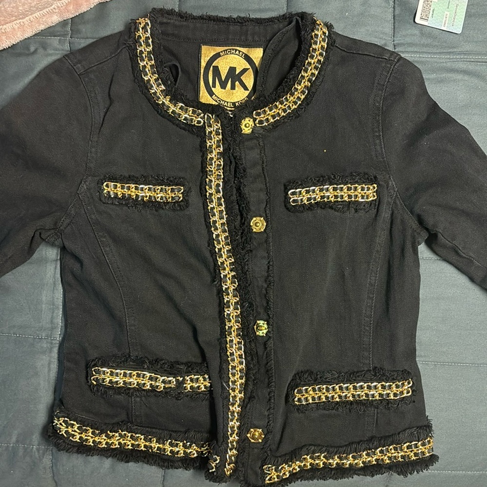 Michael Kors Black Denim Jacket with gold chain Size 4.